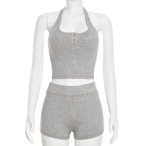 Viviblook Q26ST021 Conjunto de Dos Piezas para Mujer, Nuevo, Verano, Color Sólido, Sexy, Ajustado, Top Halter y Pantalones Cortos - Product Image 2