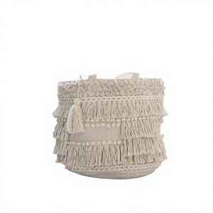 Cesta de Almacenamiento de Algodón Tejida a Mano Estilo Boho con Borlas, Cesta de Lavandería Reutilizable de Estilo Rústico para el Hogar - Product Image 1