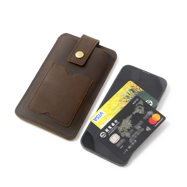 Dark Brown Genuine Leather Phone Sleeve Snap Button Card Slots Mobile Phone Wallet Pouch Custom Embossed Logo