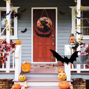 Letrero Redondo <span class=keywords><strong>de</strong></span> Madera con Diseño <span class=keywords><strong>de</strong></span> Gato Negro y Calabaza para Halloween, Decoración <span class=keywords><strong>de</strong></span> Pared con Sombrero <span class=keywords><strong>de</strong></span> Bruja y Murciélago, Adorno Colgante para Puerta en Morado y Naranja, Decoración para Fiesta <span class=keywords><strong>de</strong></span> Halloween - Product Image 5