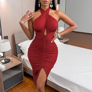 2023 sexy lässig plissiert Slim Fit einfarbig Kleid Womens Party Bodycon Schlitz Elegante Abendkleider von hoher Qualität