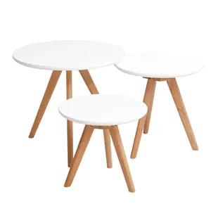 Mesa de centro redonda escandinava para sala de estar, juego de pino de madera MDF Natural blanco, 2 unidades