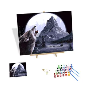 Peinture par numéros de bricolage en gros Loup des neiges et lune Peinture acrylique à colorier Image par numéros Paysage animalier