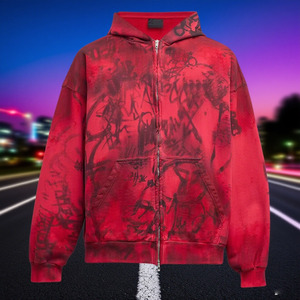 Felpa Rossa con Zip, Produttore di Felpe di Alta Qualità, Stampa Personalizzata con Effetto Graffiti, <span class=keywords><strong>Abbigliamento</strong></span> Moda Uomo - Product Image 2