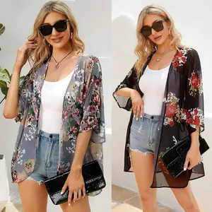 Floral Chiffon Swimsuit Cover Ups Batwing Sleeve Kimono Cardigan Boho Blouse Loose Tops Western Cape Beach Coverup