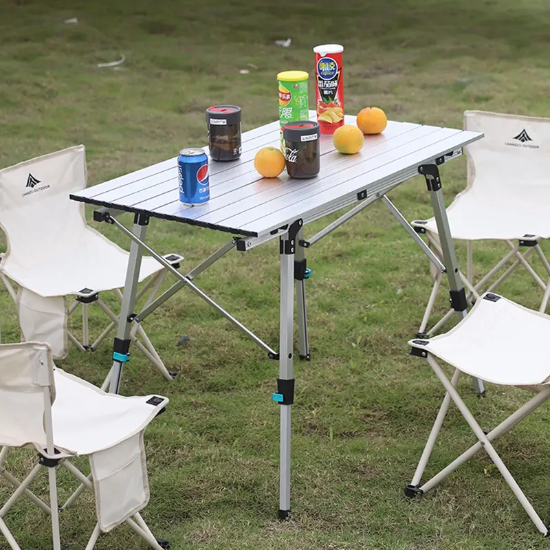 Japanese White Modern Camping Foldable Lightweight Metal Roll Folding Adjustable Height Table
