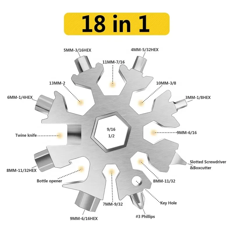 מפתח ברגים רב כלי של פתית שלג, מפתח פתית שלג 18 ב-1 רב כלי כלי פתית שלג מנירוסטה עם מחזיק מפתחות