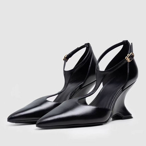 Sandales à bout pointu pour femmes avec brides en T, sexy, à boucles de cheville, talons compensés hauts, escarpins d'été découpés - Product Image 2