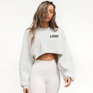 Sweat-<span class=keywords><strong>shirt</strong></span> à col rond pour <span class=keywords><strong>femme</strong></span> avec logo personnalisé, coupe courte, couleurs basiques, en <span class=keywords><strong>coton</strong></span> tricoté, <span class=keywords><strong>manches</strong></span> <span class=keywords><strong>longues</strong></span>, t-<span class=keywords><strong>shirt</strong></span> de sport oversize - Product Image 1
