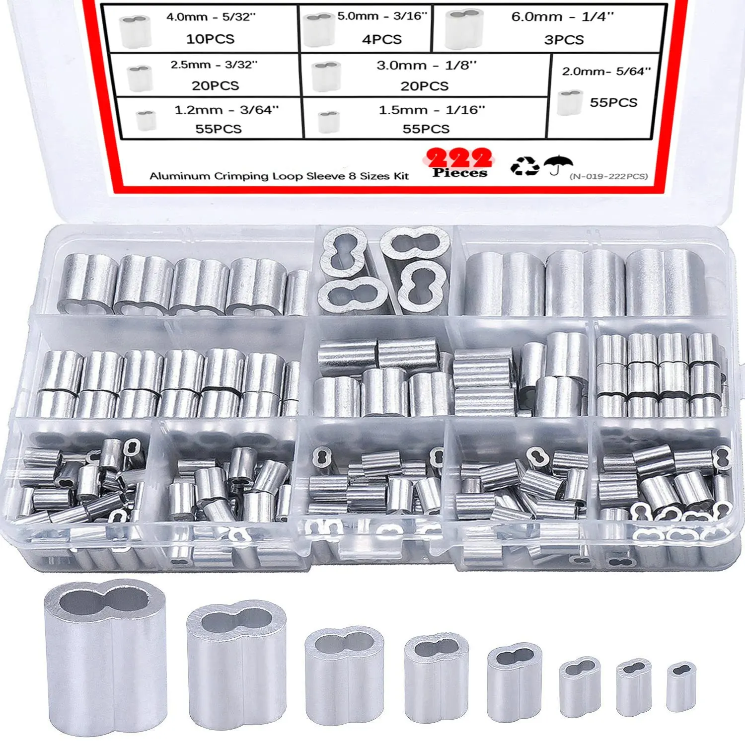 222PCS Aluminium-Crimp schlaufen hülse M1.2-M6(3/64 ''-1/4'') Drahtseil hülse Kabel-Crimp hülsen für Drahtseil und Kabel 8 Größen