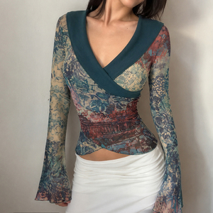 Womens <b>Y2K</b> Retro Printed Color Block Sheer Mesh Flare <b>Sleeve</b> <b>Long</b> <b>Sleeve</b> Crop Slim Fit T Shirt Streetwear Fashion <b>Top</b> - Product Image 2