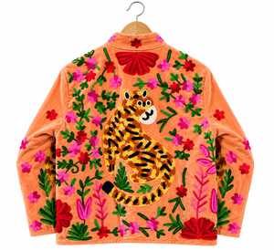 Premium Peach <b>Velvet</b> Handmade Tiger Bomber <b>Jacket</b> <b>Women</b> Quick Dry Breathable Winter V-neck Designer Outerwear B2B Wholesale Expo - Product Image 3