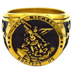 ロイヤルゴールドメッキ バトルエンジェル ミカエル 聖ミカエル 保護の印 シグネットリング クロス付き - Product Image 1