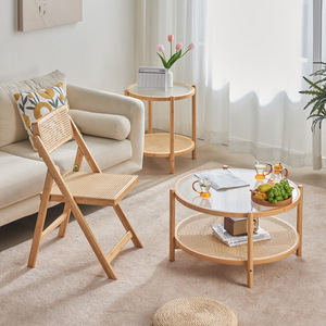 Round Coffee <b>Table</b> With <b>Rattan</b> Shelf Tempered Glass Top Solid Wood Frame Living Room Furniture <b>Small</b> Apartment Use - Product Image 3