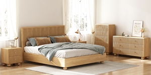 Juego Completo de Muebles de Dormitorio Estilo Japandi, Cama de Roble Macizo Acanalado + Cómoda + Mesa de Noche para Apartamento - Product Image 5