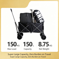 Chariot de plage pliable pour enfants à 4 roues avec côtés en panneaux de bois, chariot de pousse-tirette d'extérieur