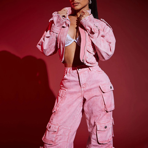 Custom Cropped <strong>Cargo</strong> <strong>Jacket</strong> and Baggy Jeans Set <strong>Women's</strong> Sweet Denim Outfit in Knitting Fabric Breathable Eco-Friendly Quick Dry - Product Image 5