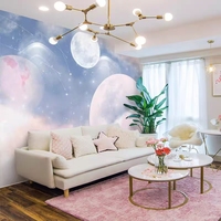 Papier peint mural Art Déco Nuage Rose Bleu Planète Lune, ciel étoilé doux, personnalisable, pour chambre de bébé fille, décoration intérieure pour enfants