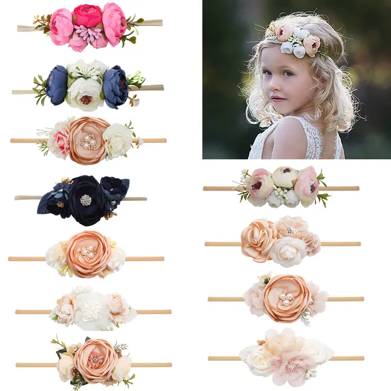 Fast Dispatch Nylon Baby Girl Floral Headbands Flower Crown Newborn Toddler Hair Accessories