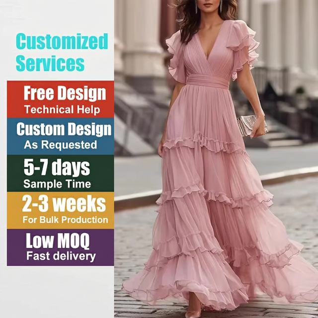 Custom & Wholesale 2026 Designer High-End Exquisite Elegant Stunning V-Neck Halter Summer New Fashion Tiered Maxi Dress
