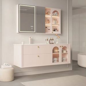 French Romantic Pink Wood Bathroom Cabinet Easy to Clean Single Bathroom Vanity with extra Large Space - Product Image 1