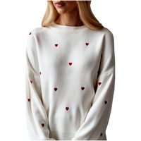 Pulls à col rond de qualité supérieure Automne Manches longues Motif cœur Broderie Épaule tombante Pull en tricot pour femmes