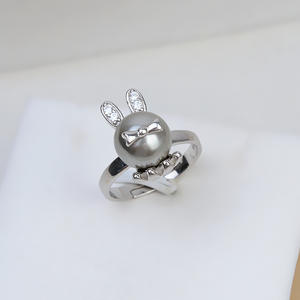 S925 Silver Bunny Ring with Movable Open Mouth 10-11 Pearl DIY Accessory Adjustable Alloy <b>Holder</b> Inlay Setting - Product Image 4