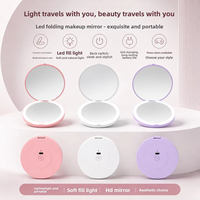 Miroir de maquillage portable à LED avec cadre rond en plastique pliable, grossissement 2x, éclairé, de poche, simple face