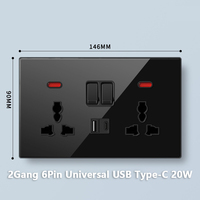 Interrupteurs électriques muraux en verre trempé universel noir prises Usb Type C 20W prise de chargeur rapide avec voyant lumineux UK Malta