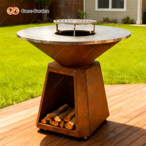 Barbecue extérieur moderne en acier corten avec plaque de cuisson ronde et foyer à bois, stockage de bois de chauffage - Product Image 5