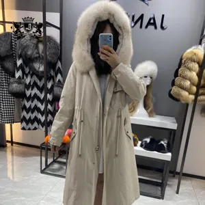 JANEFUR Winter Warm Fashion Design Long Hooded Women Parka Genuine Fox Fur Trim Detachable Comfortable Parka Coat