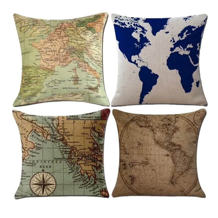 Custom World Map Printed Geometric Abstract Throw Pillow Cover Home Decorative Square linen Cushion Cover