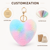 Porte-clés cœur en fausse fourrure de lapin Rex dégradé arc-en-ciel coloré, breloque de sac, pendentif clé en peluche moelleuse, décoration de sac à main