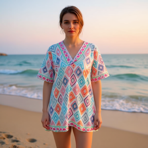 Camicia da spiaggia a maniche corte con motivo a rombi 88x54cm, scollo a V, copricostume - Product Image 3