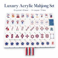 Tuiles de mahjong en acrylique transparent à 3 couches, ensemble de mahjong de luxe avec drapeau américain, tuiles de mahjong pour 4 joueurs, fête d'été