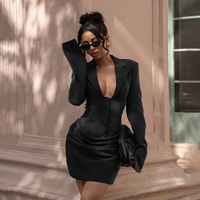 Robe mini blazer moulante de soirée à col en V profond et revers cranté, manches longues et froncée, personnalisée OEM pour femme