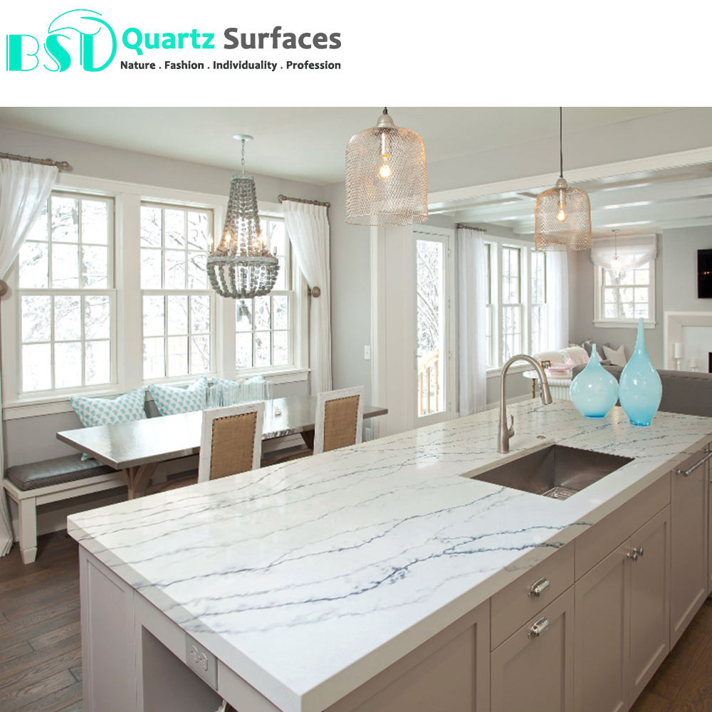 Artificial White Quartz Countertop with Grey Veins