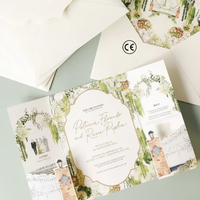 Carte d'invitation de mariage tri-pliée en papier coton texturé aquarelle vert crème de luxe, bordure dorée, impression personnalisée
