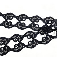 Dentelle florale noire en polyester de qualité supérieure, motif vague, bordure en dentelle ajourée de luxe pour la décoration de vêtements et de robes