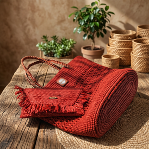 Sac fourre-tout pliable en paille tressée rouge fait main avec deux poignées et doublure en polyester à pompons, sac de plage et de voyage pour femme - Product Image 2
