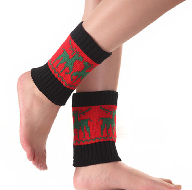 Fashion Women Warm Winter Crochet Boot Cuffs Elk Knitted Toppers Boot Socks Leg Warmer Cartoon Print Cotton