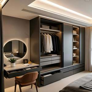 BALOM Modular Dark-Tone Bedroom Walk-in Closet Integrated Dressing Desk&Plant Niche Smart <b>Wardrobe</b> Cabinet With Ambient Lighting - Product Image 5