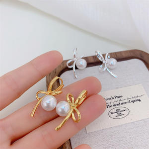 Women's Elegant Copper Geometric Design 14K Gold Bow Pearl <b>Stud</b> Earrings New Trend Classic Style for Gift - Product Image 2