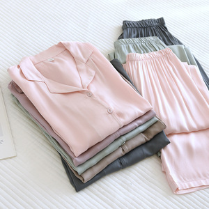 PJ-044 Conjunto de Pijama de Manga Larga para Mujer, Color Satinado Sólido, Ropa de Dormir Ligera para Primavera/Verano - Product Image 1