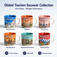Ensemble de tasses en céramique 10 oz avec motifs de lieux touristiques de Santorin, Grèce, et boîte colorée, en New Bone China, pour café, personnalisable OEM ODM, vente en gros