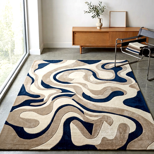 Tapis moderne abstrait rectangulaire en laine et acrylique, tufté, moelleux, antidérapant, pour la décoration du salon, motif bleu beige - Product Image 1