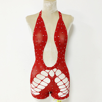 Combinaison une pièce en résille couleur unie pour femme, ornée de strass, style exotique, col licou, bas de corps sexy en soie, tenue de strip-teaseuse