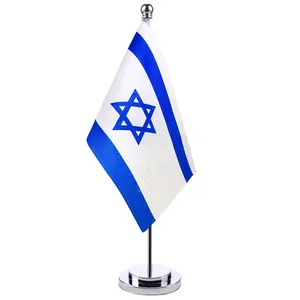 Bendera meja berdiri taplak meja nasional Israel kustom semua negara dengan tiang logam Mini 14*21cm untuk dekorasi meja