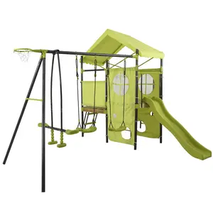 Xiunan XNS012 Outdoor Kinderen Metalen Speeltuin Klimrek Kids Swing Set Met Plastic Glijbaan En Houten