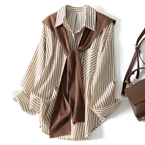 Chemisier <span class=keywords><strong>Femme</strong></span> Style Maillard Automne Effet Deux Pièces Marron Tricoté avec Dos Effet Châle et Rayures Verticales Style Français - Product Image 1